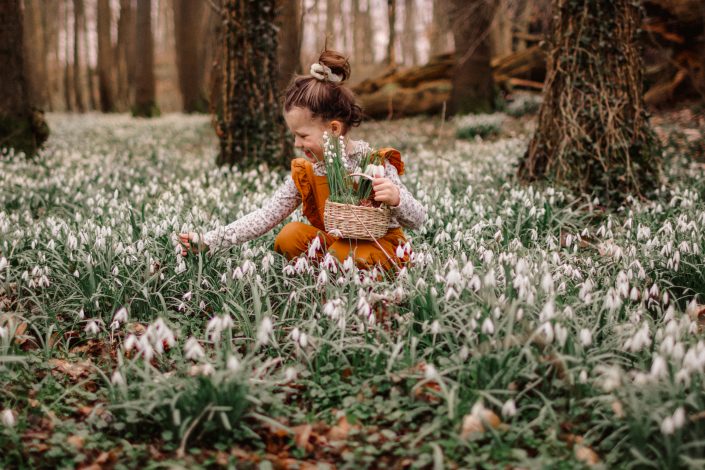 Kleines Mädchen sitzt im Wald mit einem Teppich aus Schneeglöckchen